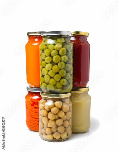 Canned Goods Stacked Jars Food Storage Preserved Vegetables Green Peas Chickpeas