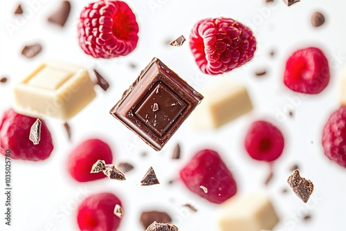 Floating pieces of chocolate and raspberries on white background