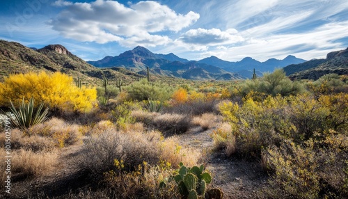 A scenic view of a vibrant desert landscape featuring mountains, colorful vegetation, and a blue sky with fluffy clouds.