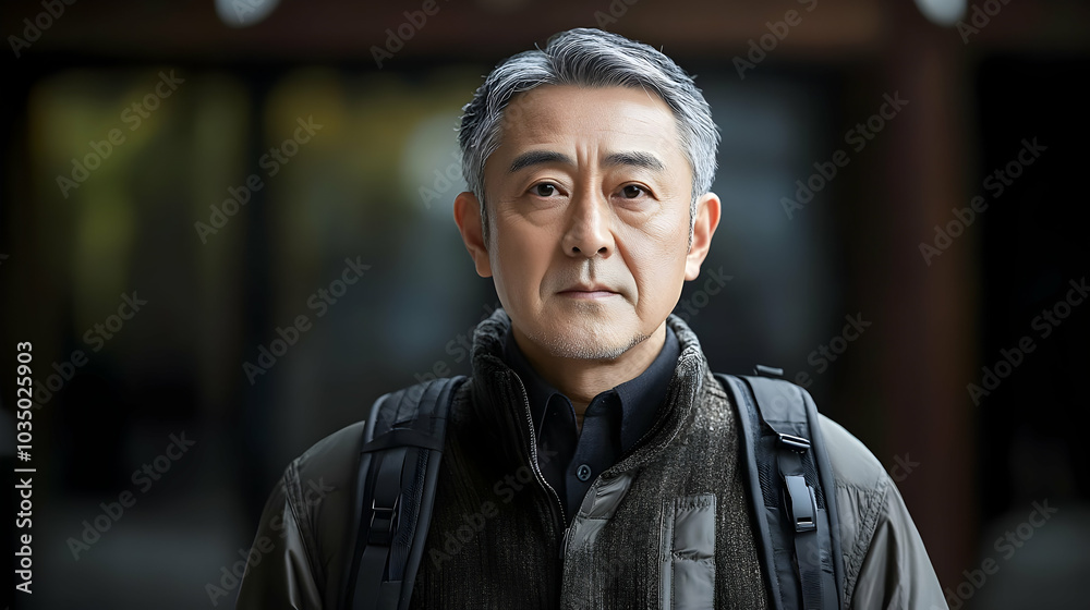 A Man with a Backpack Looks into the Camera in a Serious Manner A Man with a Backpack Looks into the Camera in a Serious Manner