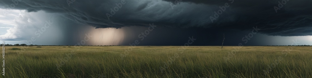 A windswept plain under the threat of a hurricane, with grass bending low and ominous clouds rolling in, emphasizing the approaching storm�s intensity, Generative AI A windswept plain under the threat of a hurricane, with grass bending low and ominous clouds rolling in, emphasizing the approaching storm�s intensity, Generative AI