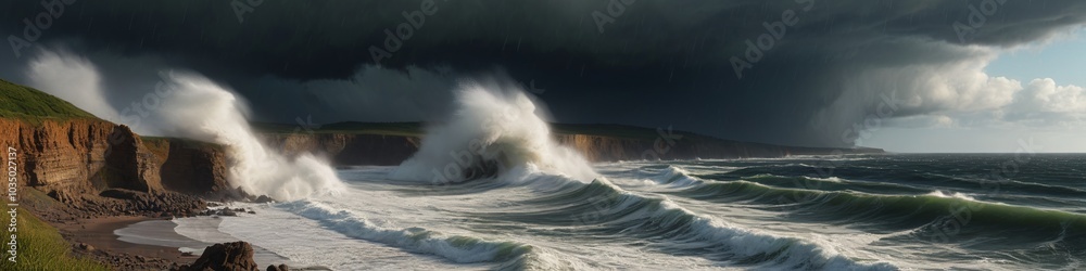 Fototapeta premium A cliffside view transformed by a hurricane�s fury, with crashing waves below and heavy rain falling from dark skies, capturing the raw power of nature, Generative AI