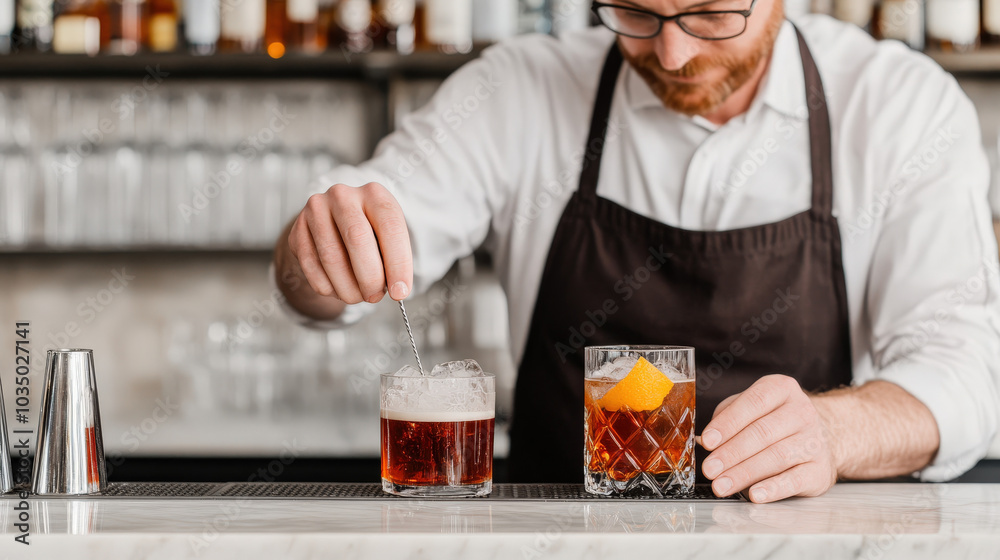 Barista making cold brew while bartender preps a cocktail, both surrounded by high-end tools Barista making cold brew while bartender preps a cocktail, both surrounded by high-end tools