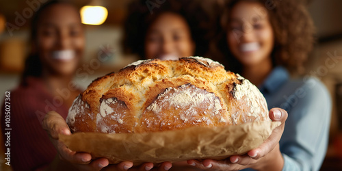 Obraz na płótnie friends celebrating Homemade Bread Day, smiling and having fun while baking together. The scene captures the warmth and happiness of sharing the experience of making bread from scratch. w salonie