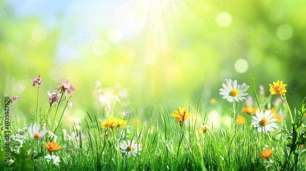 Vibrant Meadow with Flowers and Soft Sunlight Vibrant Meadow with Flowers and Soft Sunlight