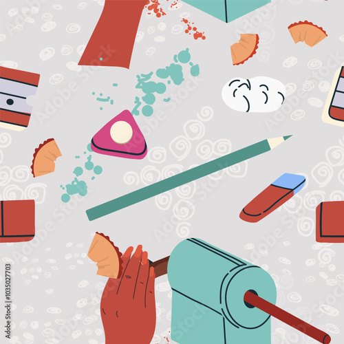 Seamless pattern with art supplies, hand drawn style. Art workshop, fine art, hobby, pastime. Trendy modern vector illustration, flat design.