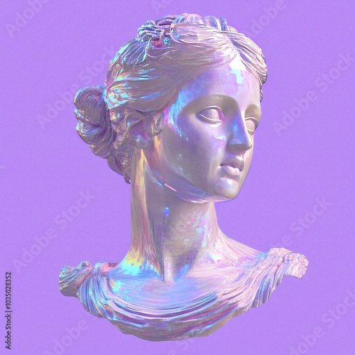 Greek statue on purple background modern abstract portrait with glitch effect