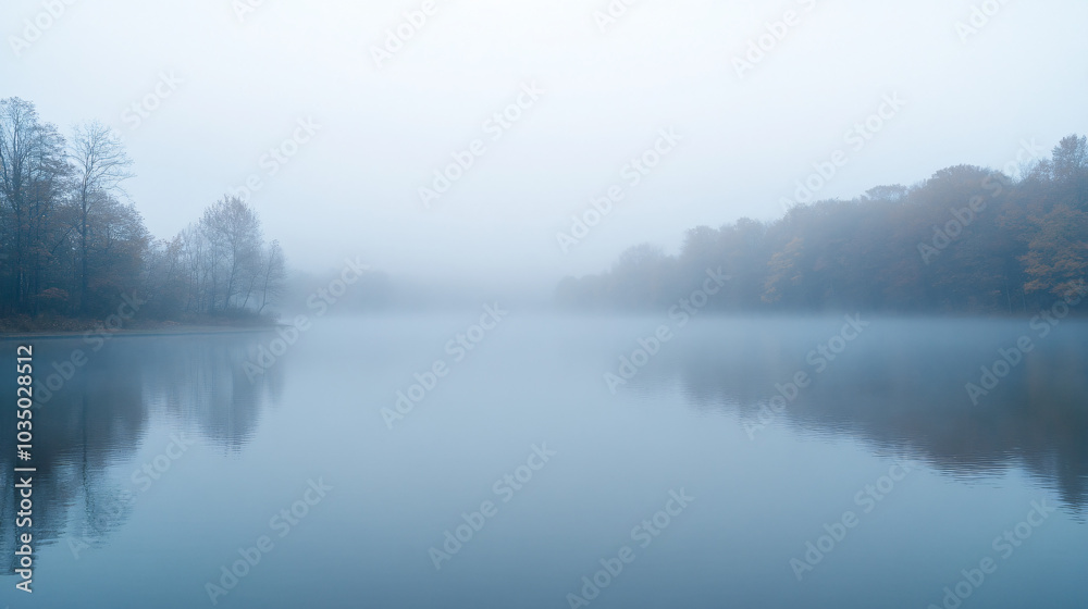Fototapeta premium An early morning fog rising over a calm lake, creating a mystical atmosphere.