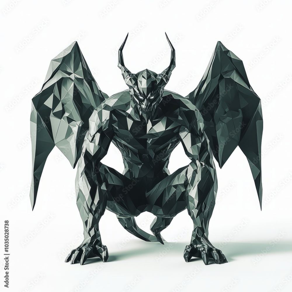 Fototapeta premium 3D Render, Low Poly style of a sinister demon with horns and wings, on isolated white background