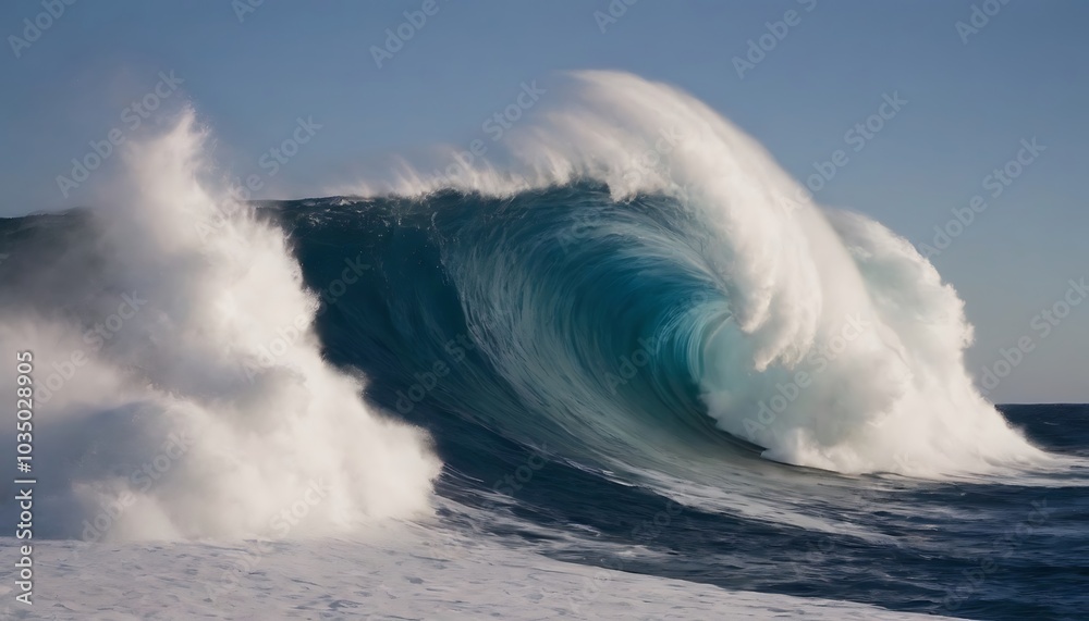 A massive, curling wave crashes against a deep blue ocean. The white foam and spray contrast beautifully with the deep blue water. A massive, curling wave crashes against a deep blue ocean. The white foam and spray contrast beautifully with the deep blue water.