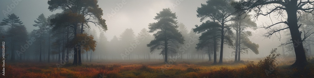 Obraz premium A foggy landscape under the threat of a hurricane, with shadows dancing in the mist and wind howling through the trees, creating an eerie atmosphere, Generative AI