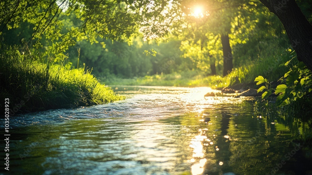 Obraz premium Sunlit forest stream with lush greenery, tranquil waters, and vibrant foliage