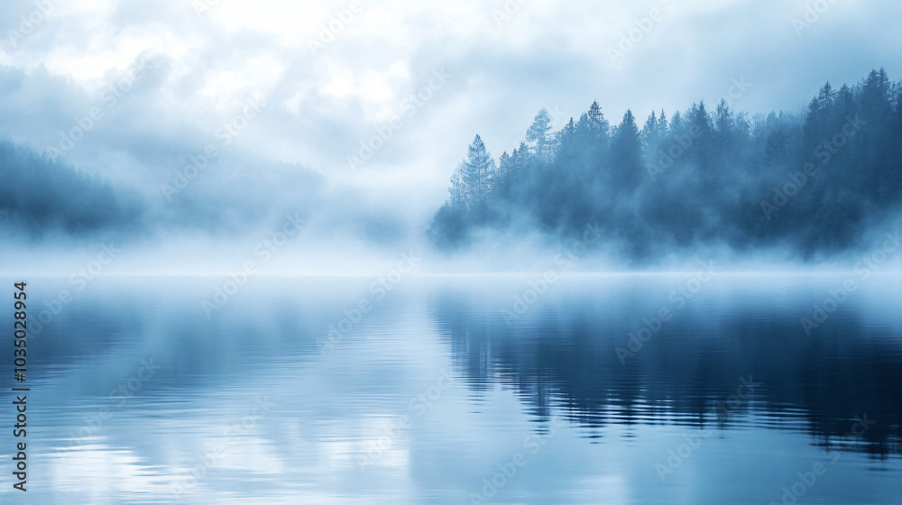 Fototapeta premium An early morning fog rising over a calm lake, creating a mystical atmosphere.