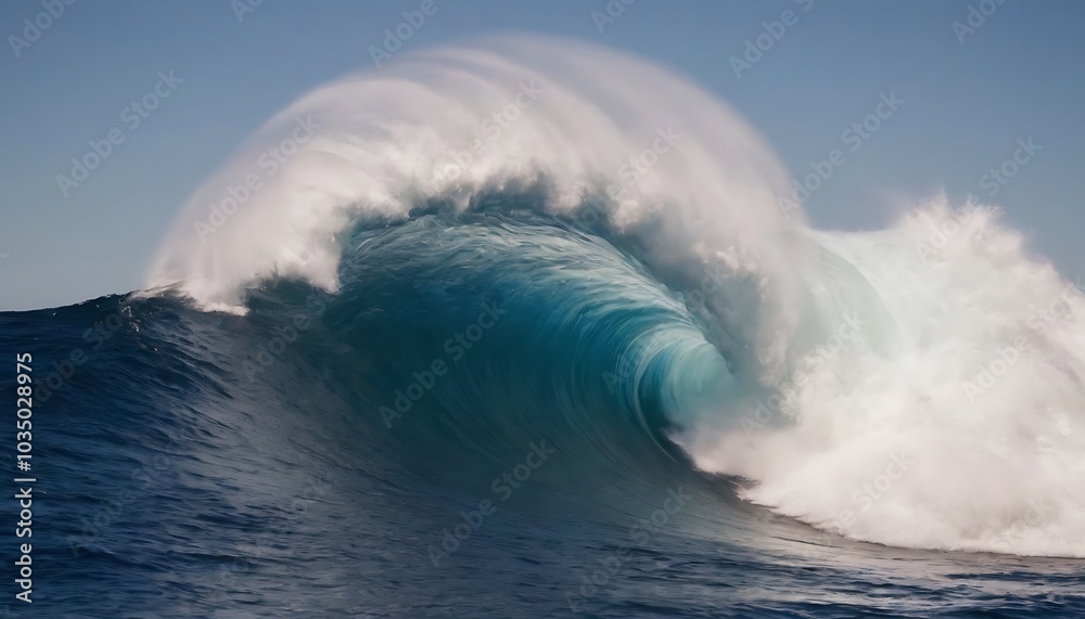 A massive, curling wave crashes against a deep blue ocean. The white foam and spray contrast beautifully with the deep blue water. A massive, curling wave crashes against a deep blue ocean. The white foam and spray contrast beautifully with the deep blue water.