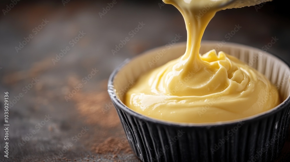 Smooth, rich yellow cream being poured into small bowl Smooth, rich yellow cream being poured into small bowl
