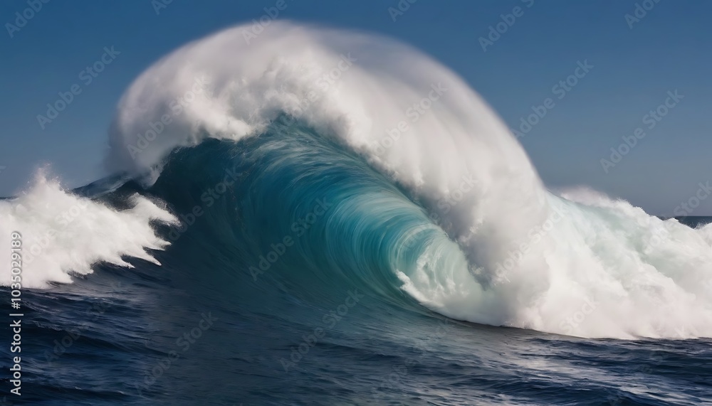 A massive, curling wave crashes against a deep blue ocean. The white foam and spray contrast beautifully with the deep blue water. A massive, curling wave crashes against a deep blue ocean. The white foam and spray contrast beautifully with the deep blue water.