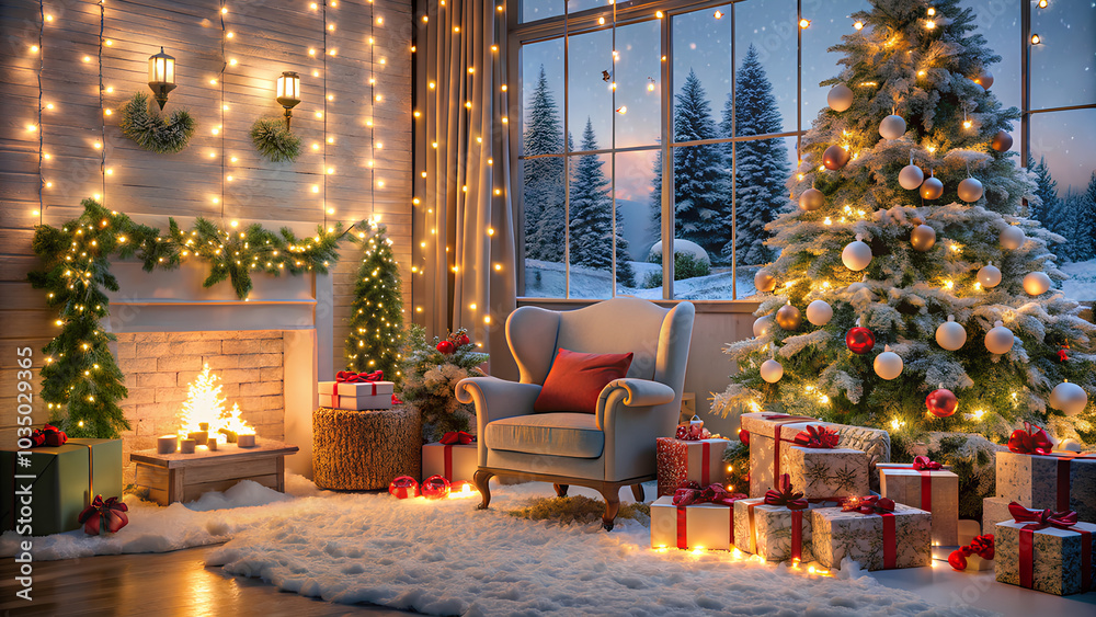 Obraz premium Living room decorate Christmas lights with gift boxes, tree branches. Christmas Background concept