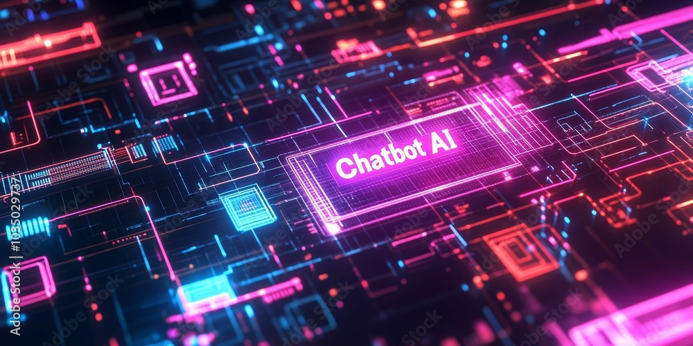 Chatbot AI text displayed on glowing circuit board. Chatbot AI text displayed on glowing circuit board.
