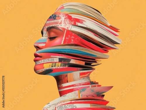 Human head made from twisted abstract book pages in different colors photo