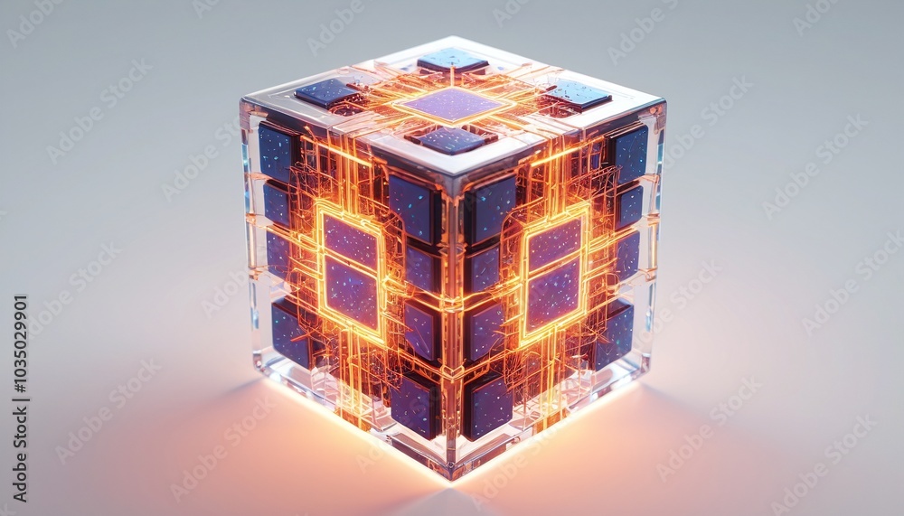 A glowing model of a power-up cube on a glossy white surface, bursting with energy, Generative AI A glowing model of a power-up cube on a glossy white surface, bursting with energy, Generative AI
