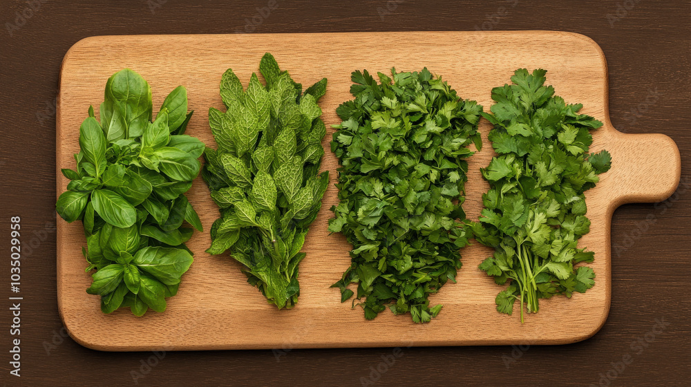 Fresh parsley and asparagus, a healthy bunch of herbs on a wooden board, perfect for vegetarian cooking Fresh parsley and asparagus, a healthy bunch of herbs on a wooden board, perfect for vegetarian cooking