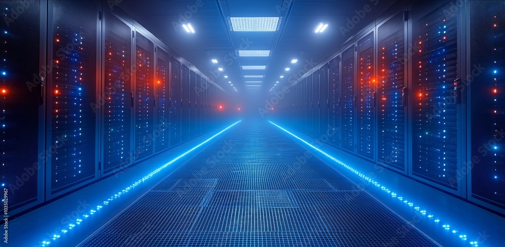 Server Glow: A High-Tech Room with Rows of Servers and Neon-Lit Data Equipment Server Glow: A High-Tech Room with Rows of Servers and Neon-Lit Data Equipment
