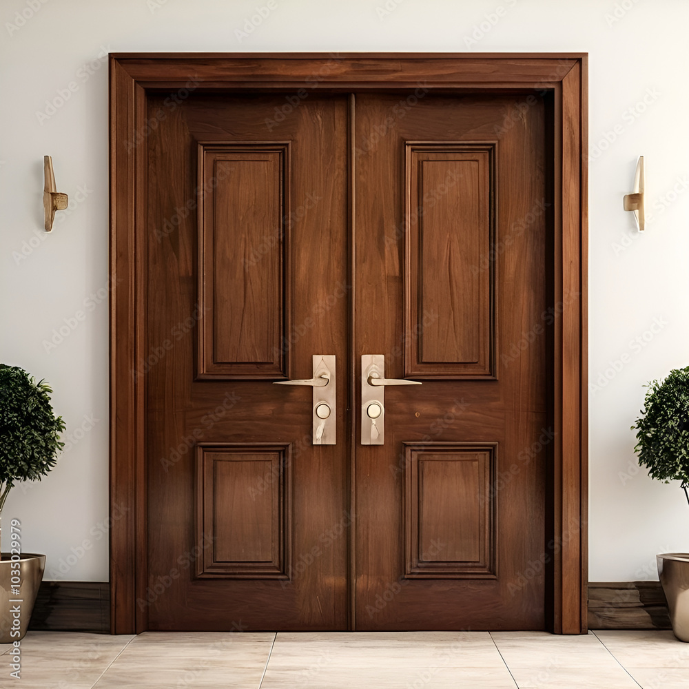 A wooden door bordered by two elegant planters, contributing to a welcoming and aesthetically pleasing facade.