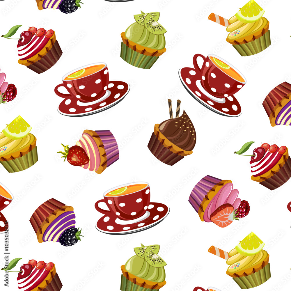 Pattern with desserts and cups.Vector pattern with tea cups and berry cupcakes on a transparent background. Pattern with desserts and cups.Vector pattern with tea cups and berry cupcakes on a transparent background.