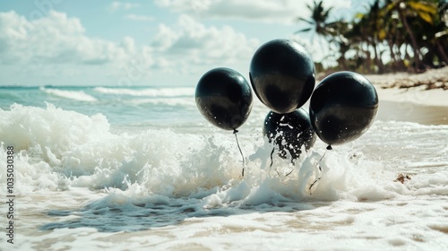 Black balloons in the sea waves in the tropics, Black Friday special offer for exotic vacation with a travel agency