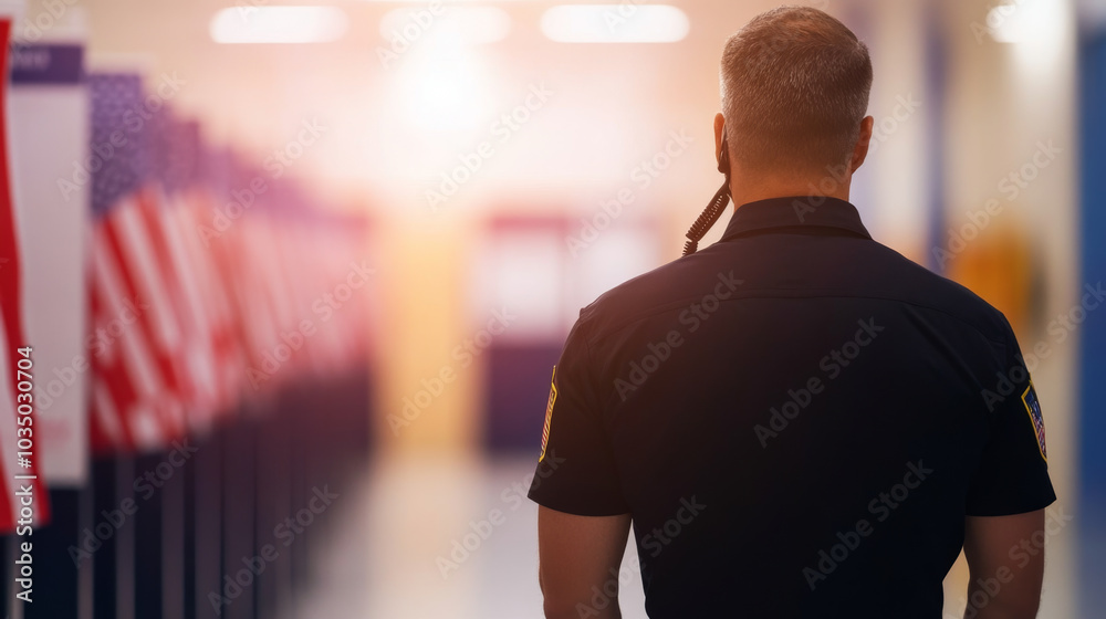 security officer is monitoring voting center, holding radio while standing in hallway lined with American flags. atmosphere conveys sense of vigilance and duty security officer is monitoring voting center, holding radio while standing in hallway lined with American flags. atmosphere conveys sense of vigilance and duty