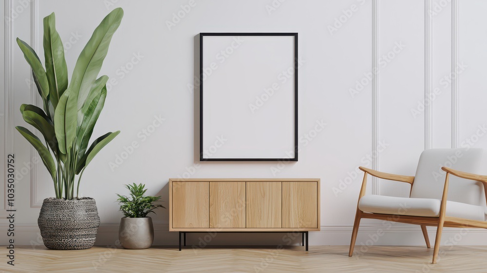Bright Scandinavian Living Room Featuring a Blank Mock-Up Frame for Your Creative Designs Bright Scandinavian Living Room Featuring a Blank Mock-Up Frame for Your Creative Designs