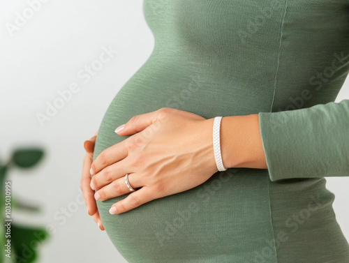 close up of surrogate mothers hand gently resting on her belly, showcasing beauty of pregnancy and bond formed during this special journey photo