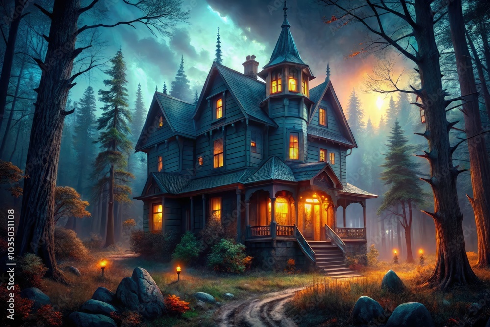 The haunted mansion stands ominously, shrouded by a foreboding dark forest, creating a perfect backdrop for chilling Halloween horror movie scenes. Every corner whispers fear. The haunted mansion stands ominously, shrouded by a foreboding dark forest, creating a perfect backdrop for chilling Halloween horror movie scenes. Every corner whispers fear.