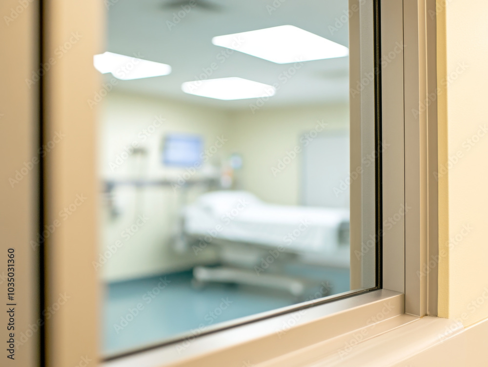 view through window into doctors office, showcasing clean and sterile environment with hospital bed and medical equipment. atmosphere conveys sense of professionalism and care view through window into doctors office, showcasing clean and sterile environment with hospital bed and medical equipment. atmosphere conveys sense of professionalism and care