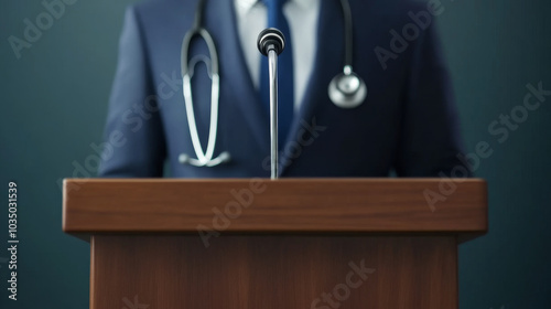 medical professional stands behind podium, ready to address audience. stethoscope around their neck signifies their expertise in healthcare, creating atmosphere of authority and trust photo