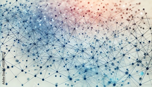 An abstract network of thin, interconnecting blue lines and dots on a clean white background