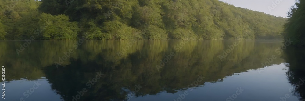 Sunlight reflects on a calm body of water, surrounded by lush green foliage. Sunlight reflects on a calm body of water, surrounded by lush green foliage.