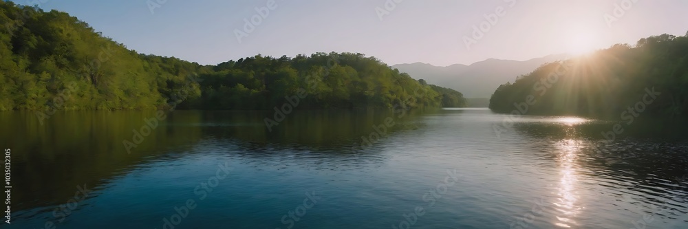 Sunlight reflects on a calm body of water, surrounded by lush green foliage. Sunlight reflects on a calm body of water, surrounded by lush green foliage.