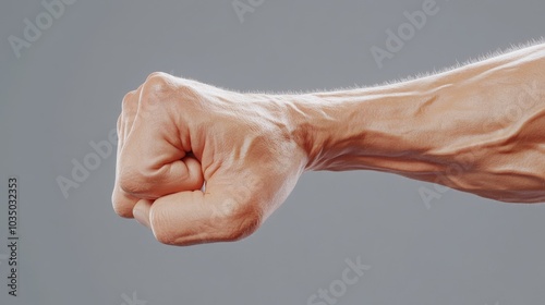 clenched fist gesture, photorealistic 3d model, flesh-colored male hand, strong muscle definition, crisp vector graphics, floating on blank backdrop, dynamic angle view