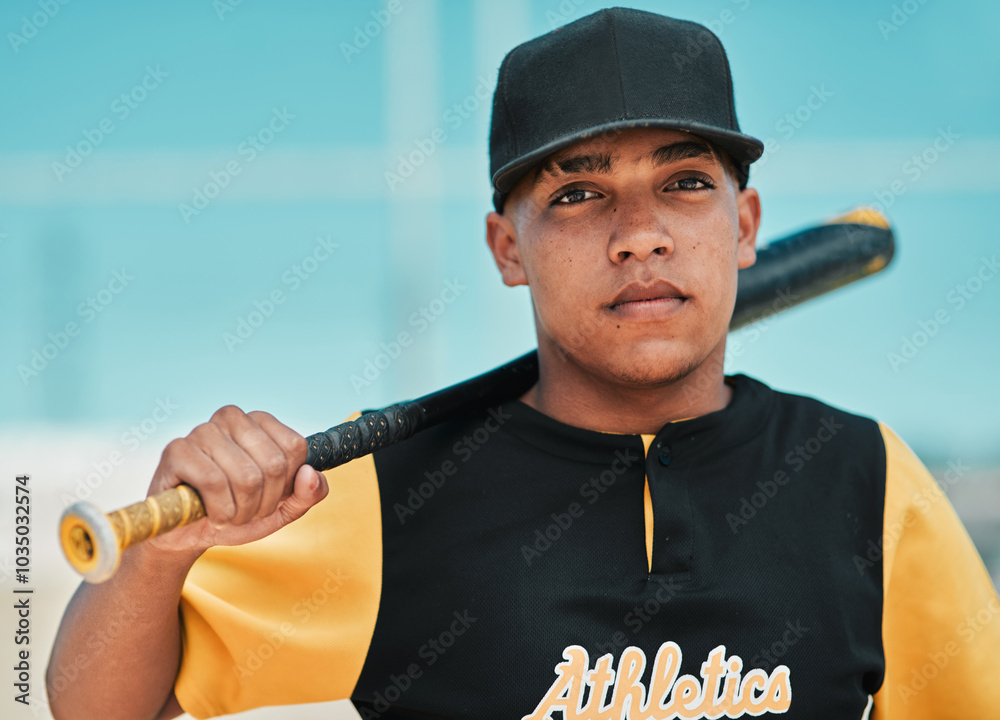 Baseball portrait, player and bat on pitch for match exercise, competition workout and confidence on field. Teenager, boy athlete and fitness outdoor for performance, training and softball challenge Baseball portrait, player and bat on pitch for match exercise, competition workout and confidence on field. Teenager, boy athlete and fitness outdoor for performance, training and softball challenge