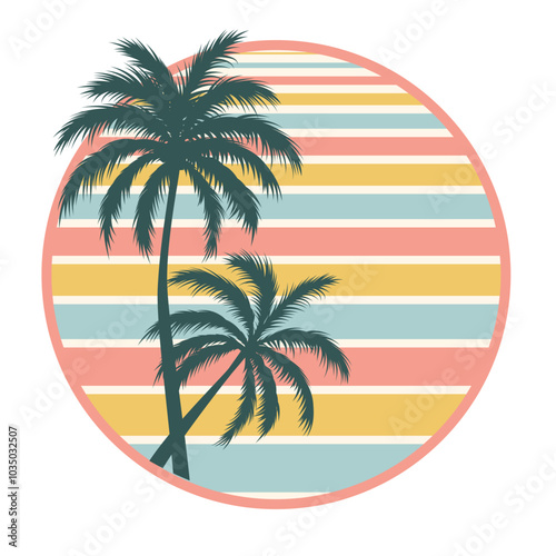 A retro sunset badge with silhouettes of palm trees. Vector illustration isolated on white background