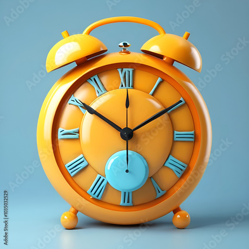 An orange and blue alarm clock positioned on a blue backdrop, emphasizing its eye-catching color scheme. photo