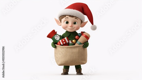 Christmas Elf Helper: A cheerful 3D-rendered elf carries a burlap sack overflowing with Christmas gifts and decorations, ready to spread holiday cheer.