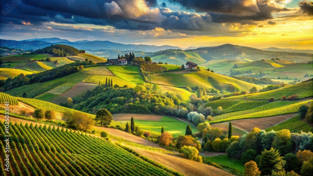 Fototapeta premium The Italian countryside unfolds in rolling hills, flourishing vineyards, and verdant fields, presenting a stunning landscape that showcases the region's tranquil and picturesque charm.