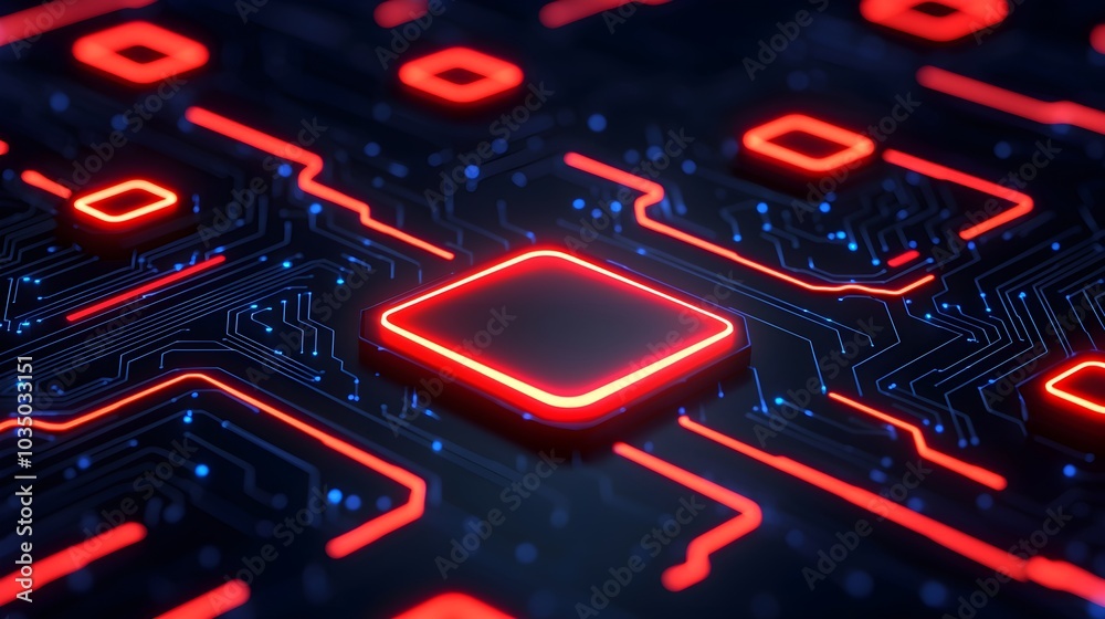 Futuristic circuit board with glowing red and blue elements Futuristic circuit board with glowing red and blue elements