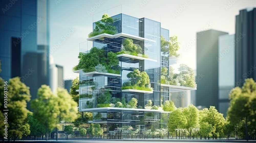 Eco-friendly building modern city sustainable glass building Ecology concept Office building with green environment Eco-friendly building modern city sustainable glass building Ecology concept Office building with green environment