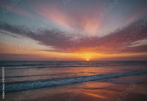 A breathtaking sunset paints the sky with vibrant colors over a calm ocean.