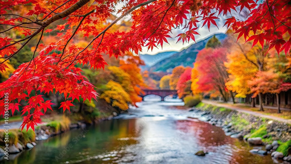 The Katsuragawa River in Kyoto is adorned with vibrant red maple leaves, showcasing nature's stunning palette during autumn, captivating all who behold this seasonal wonder. The Katsuragawa River in Kyoto is adorned with vibrant red maple leaves, showcasing nature's stunning palette during autumn, captivating all who behold this seasonal wonder.