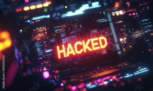 A laptop with a glowing red "HACKED" sign.