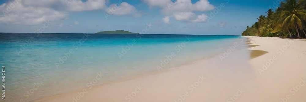 A tropical beach scene with fine sand, blue water, and palm leaves. A tropical beach scene with fine sand, blue water, and palm leaves.